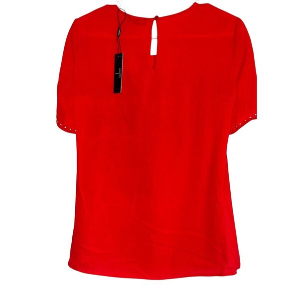 Tahari Red Short Sleeve Blouse With Studded Neckline & Sleeves S - Picture 9 of 11